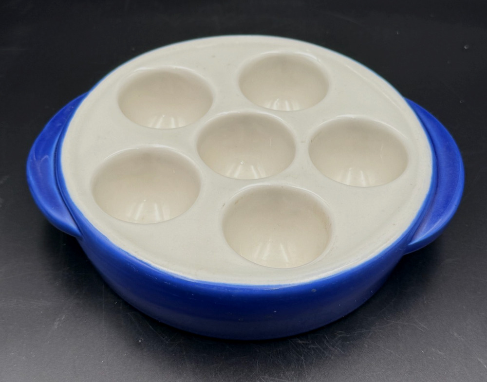 Vintage 6 Hole Escargot Baking Dish Hall 1154 Navy Blue Stoneware Ceramic Baker